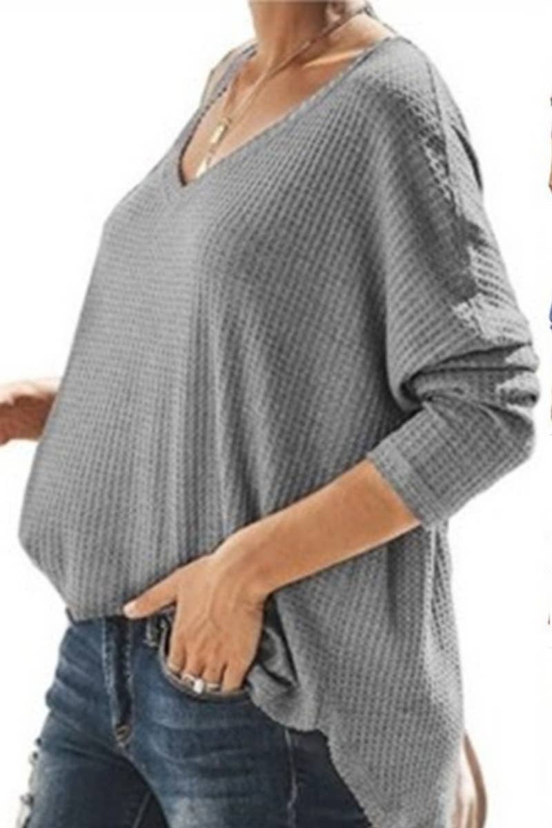 CWTTL1205_V-neck Long Sleeved Loose Knit Top