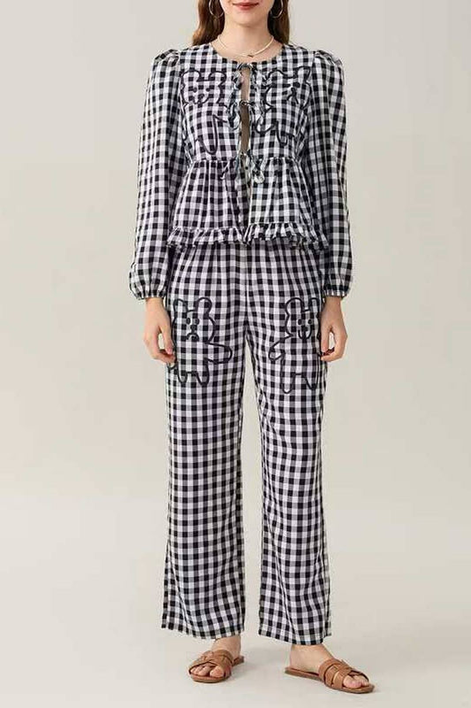 CWSTB1950_CHECK BEAR PRINT LONG SLEEVE TROUSERS SET