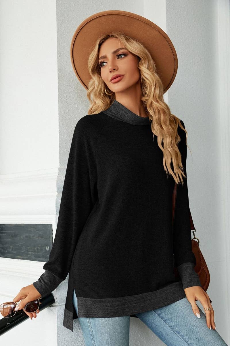 CWOSWL6537_HIGH-NECK CONTRASTING COLOR LONGSLEEVED SPLIT TOP