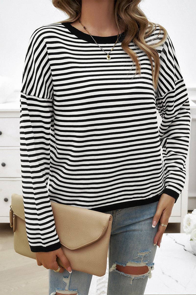 CWOSWL2129_CASUAL ROUND NECK STRIPED KNITTED SWEATER