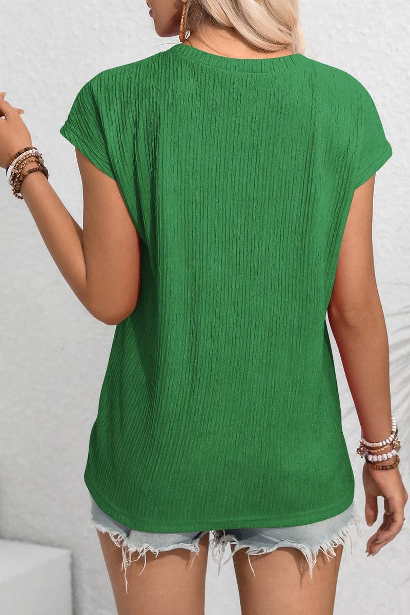 CWTBLS1603_ROUND NECK SOLID COLOR POCKET SHORT SLEEVE TOP