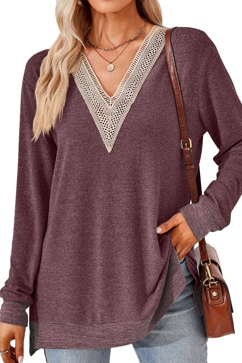CWTBLL3660_AUTUMN NEW V-NECK LACE SOLID COLOR LOOSE T-SHIRT