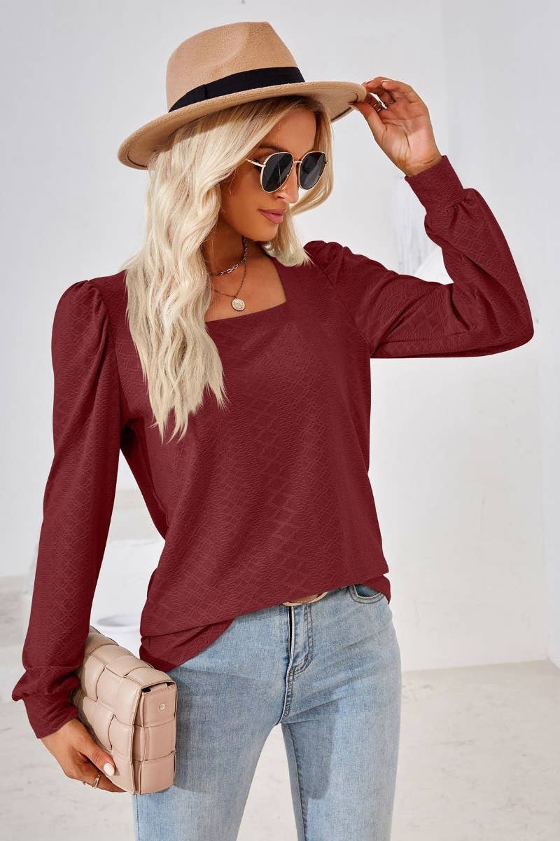 CWTBLL2798_AUTUMN SQUARE NECK JACQUARD LONG-SLEEVED TOP