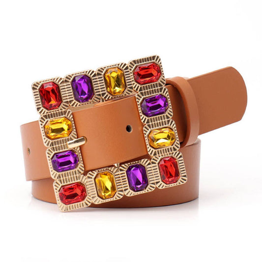 Diamond gemstone alloy buckle wide belt