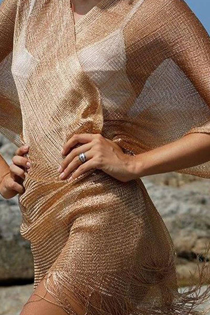 CWTBLL3669_SILVER RIBBON SLEEVES SLIT SHAWL BEACH COVER-UP