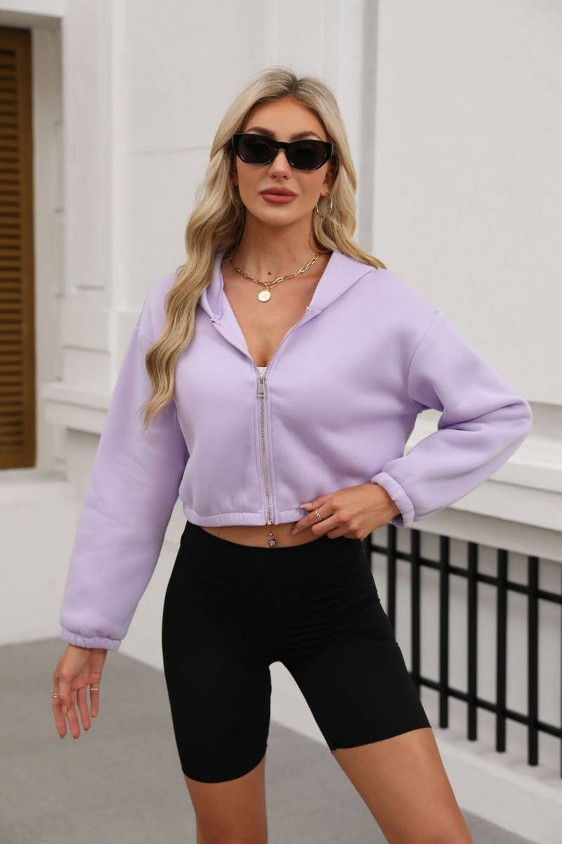 CWOCO0893_SOLID COLOR LONG SLEEVE ZIP-UP HOODIE COATS