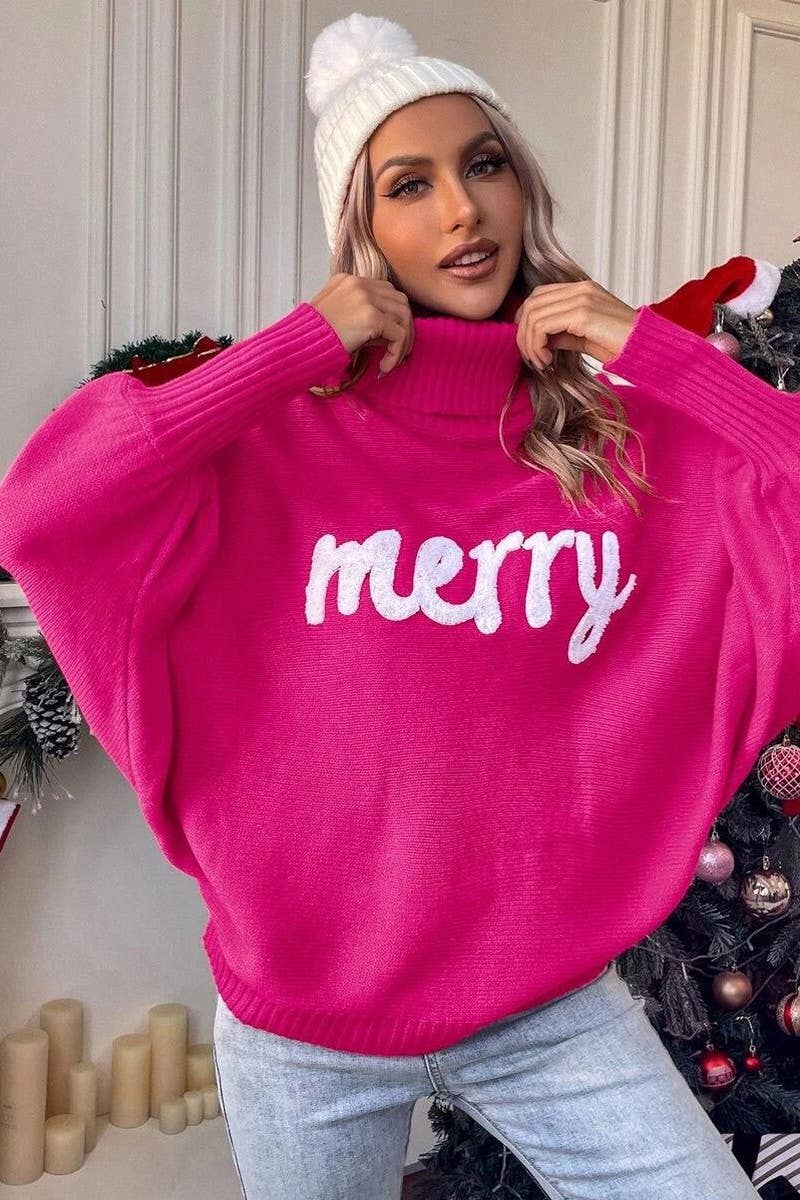 CWOSWL6261_EMBROIDERED BAT SLEEVE CHRISTMAS SWEATER
