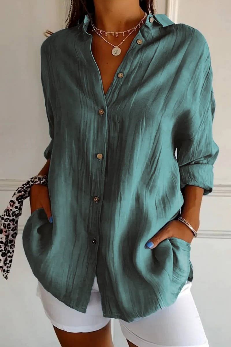 CWTSTL2281_SOLID COLOR SINGLE BREASTED PLEATED LAPEL SHIRT