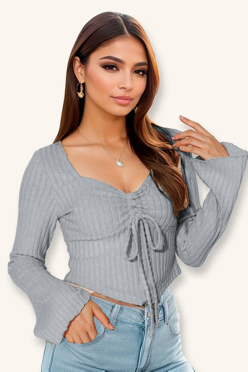 CWTBLL3790_V NECK DRAWSTRING FLARE SLEEVE CROP TOP