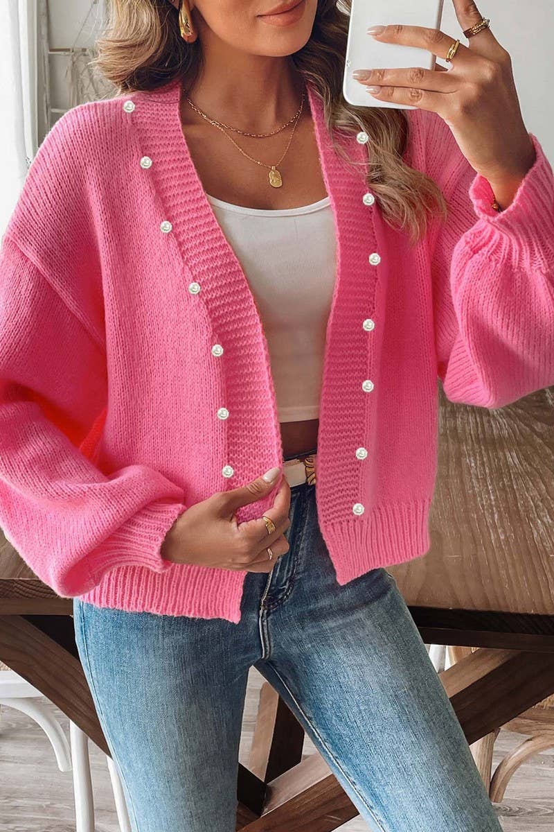 CWOSWL07334_WOMEN PEARL BEADED OPEN FRONT KNIT CARDIGAN