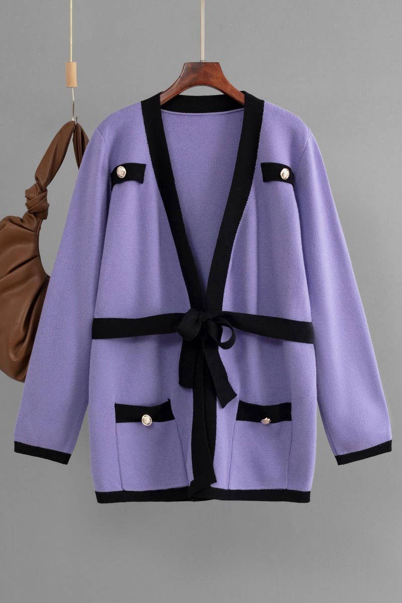 CWOCAL00675_V NECK COLORBLOCK TIE BUTTON PLUS CARDIGAN