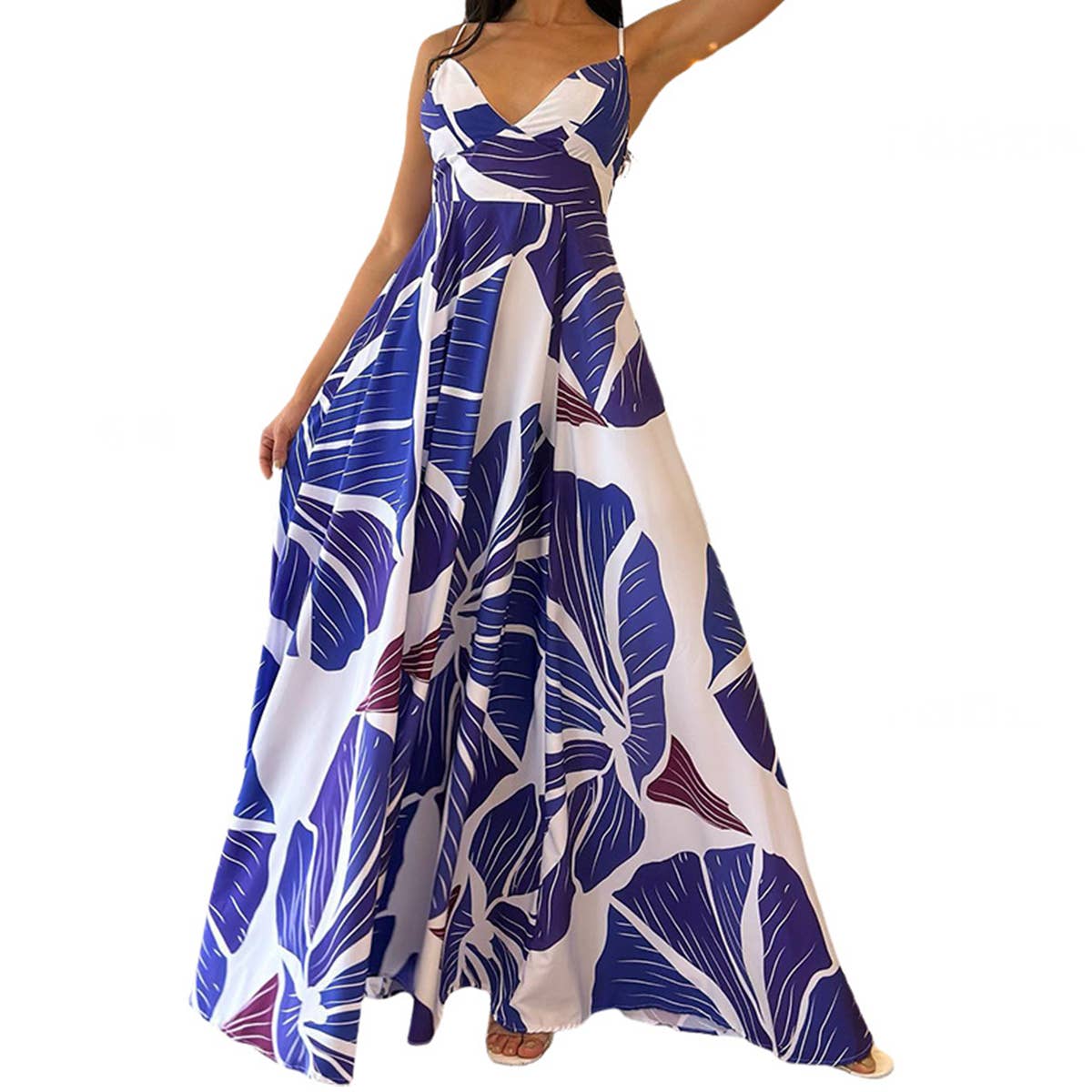 Abstract floral print mid-length swing halter dress