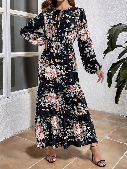 FLORAL PRINT BIG SWING FASHION SLIM LONG DRESS