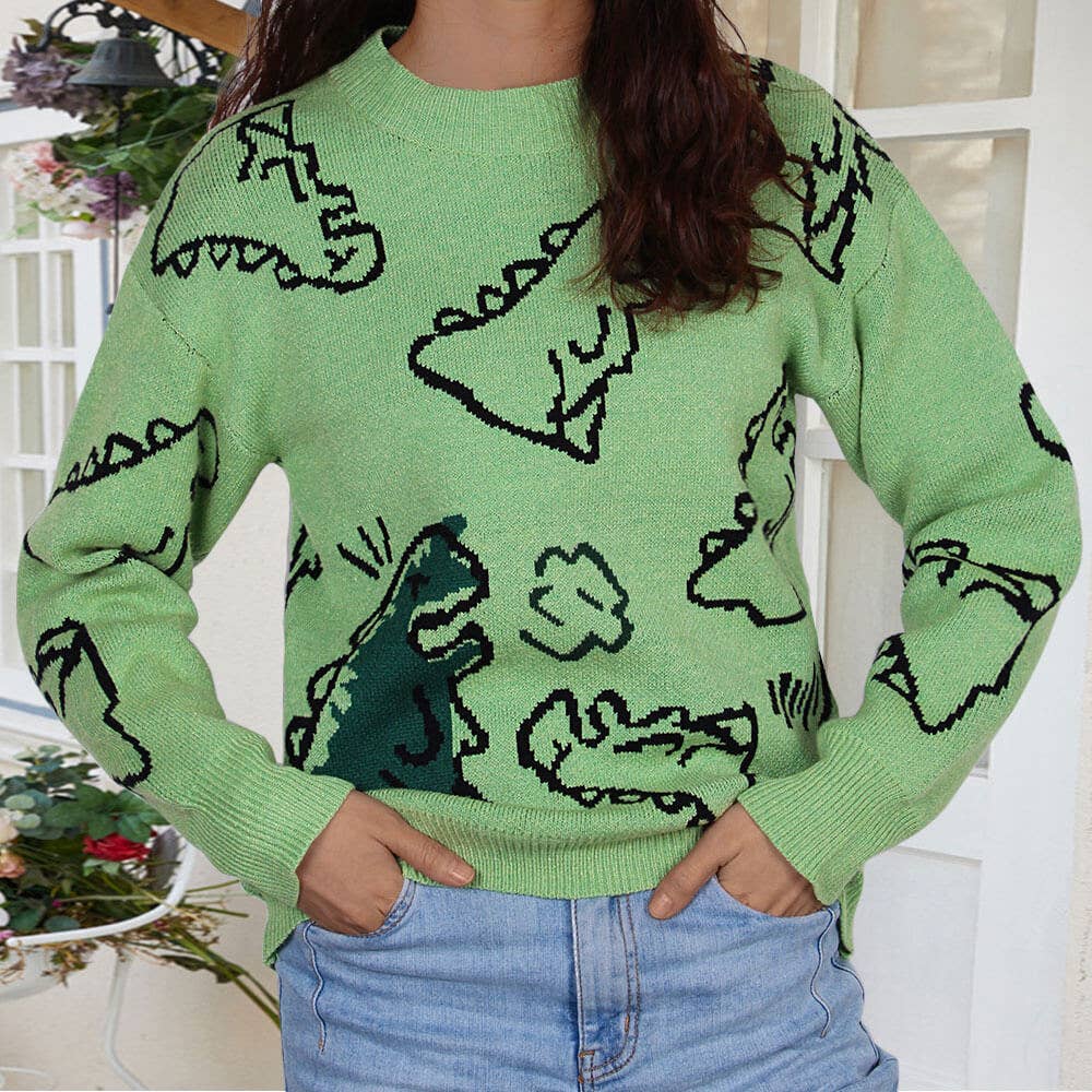 CREW-NECK LOOSE CARTOON DINOSAUR SWEATER