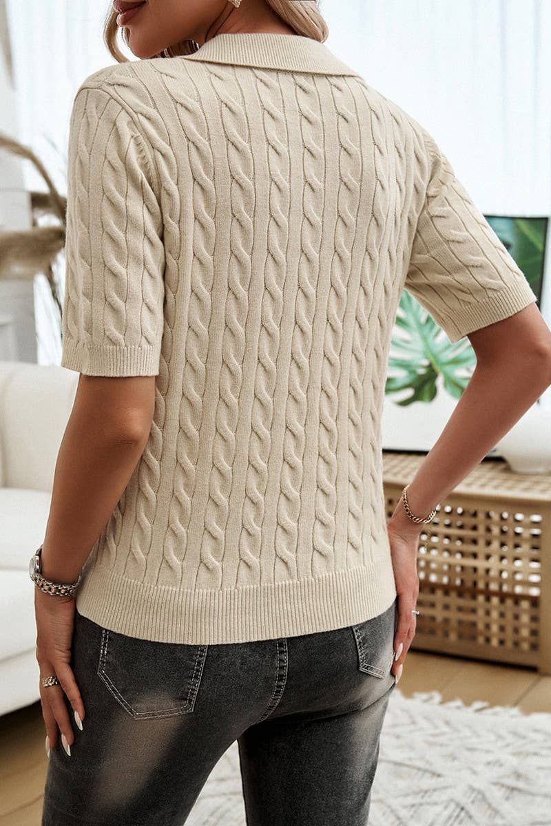 CWOSWS0101_V NECK LAPEL SHORT SLEEVE KNITTED SWEATER