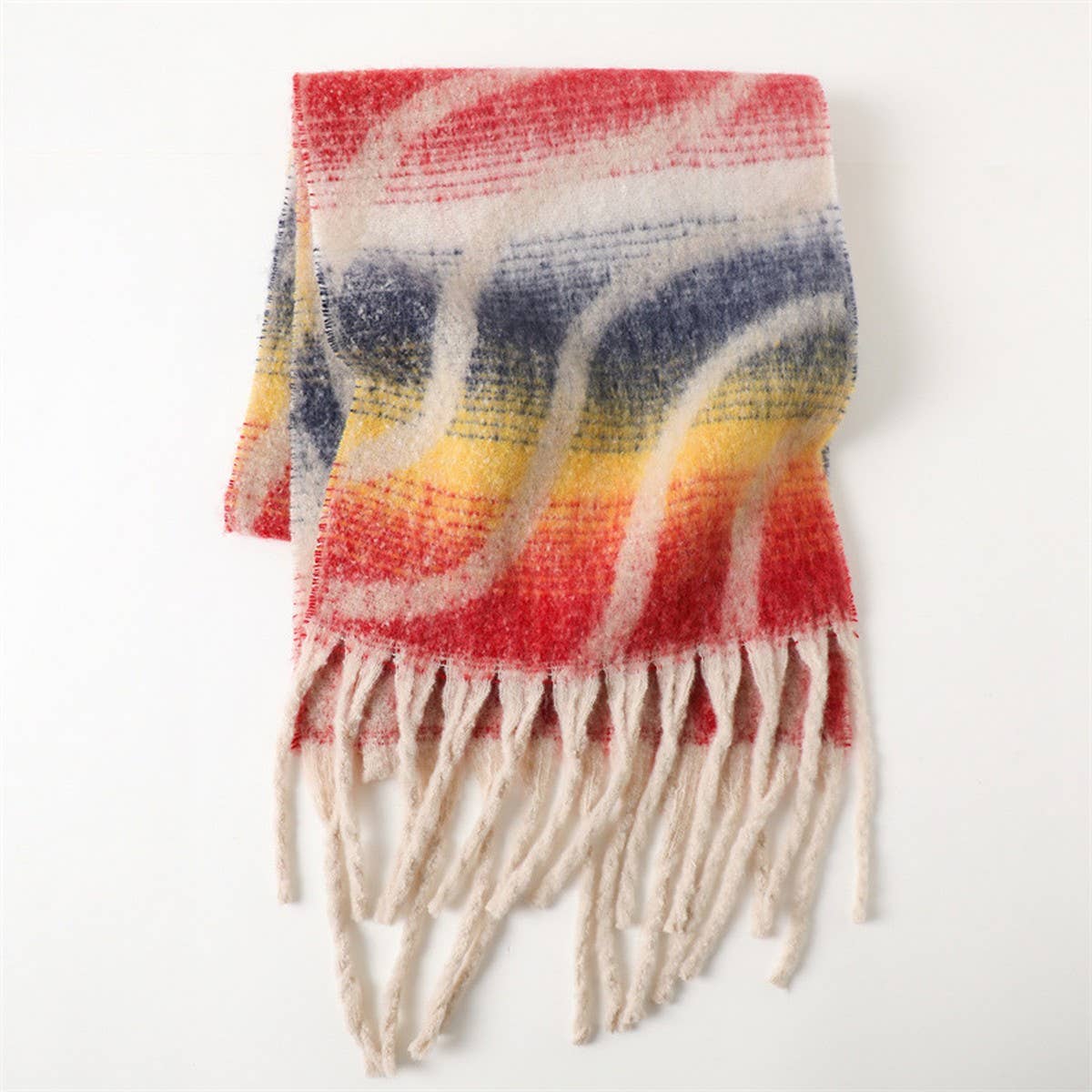 Rainbow Grid Soft Scarf with Fringe Trim_CWASC2775