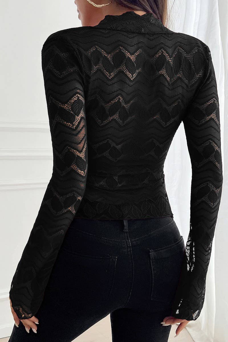 CWTBLL2773_TRUMPET SLEEVE HOLLOW V-NECK SEXY LACE SHIRT