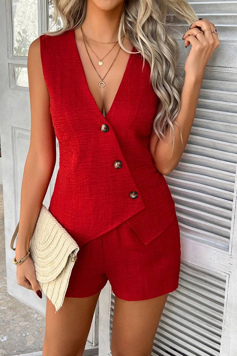 CWSS1191_HOLIDAY STYLE BUTTON CARDIGAN SHORTS SET