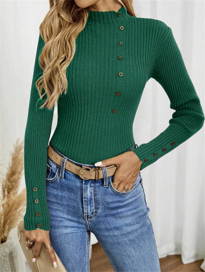 Button long-sleeved knitted base layer top