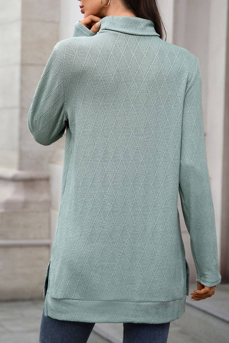 CWTBLL01289_HIGH NECK SOLID KNIT SPLIT HEM LONG SLEEVE TOP