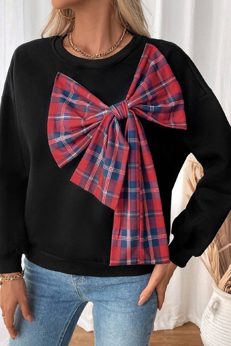 CWTBLL3732_BOW TIE THICKENED ROUND NECK PLAID SWEATSHIRT