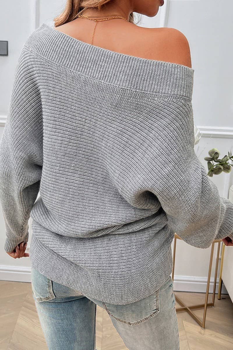 CWOSWL6510_ONE-SHOULDER SOLID COLOR LONG-SLEEVED SWEATER