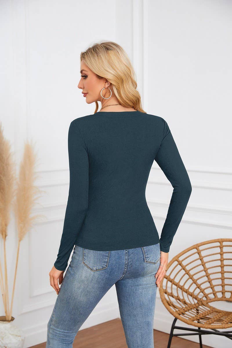 CWTBLL4097_DEEP U-NECK CROSS-OVER LONG-SLEEVED T-SHIRT TOP