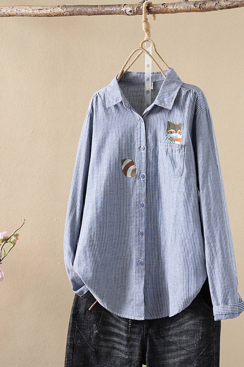 CWTSTL2249_FOX EMBROIDERED STRIPED COTTON SHIRT TOP