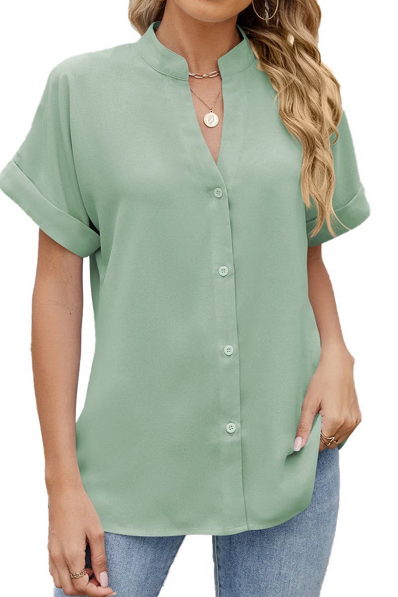 CWTBLS1797_SUMMER SOLID COLOR V-NECK LOOSE BUTTON SHIRT