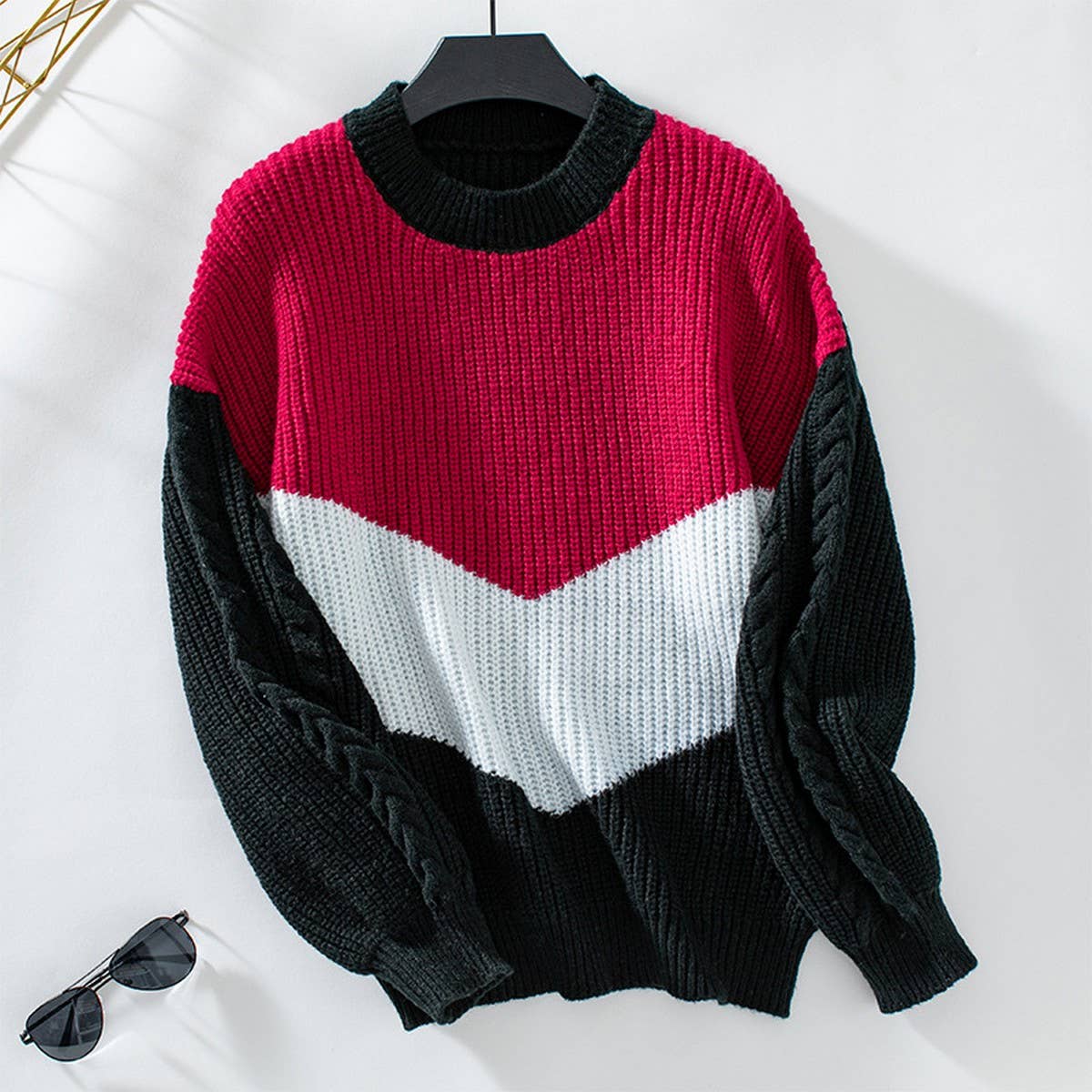 Color contrast round neck pullover loose floral knit