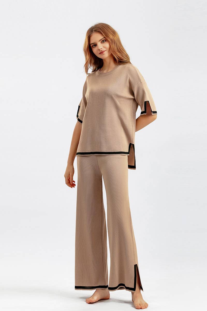 CWSTB00422_COLORBLOCK KNIT TOP & HIGH WAIST WIDE LEG SET