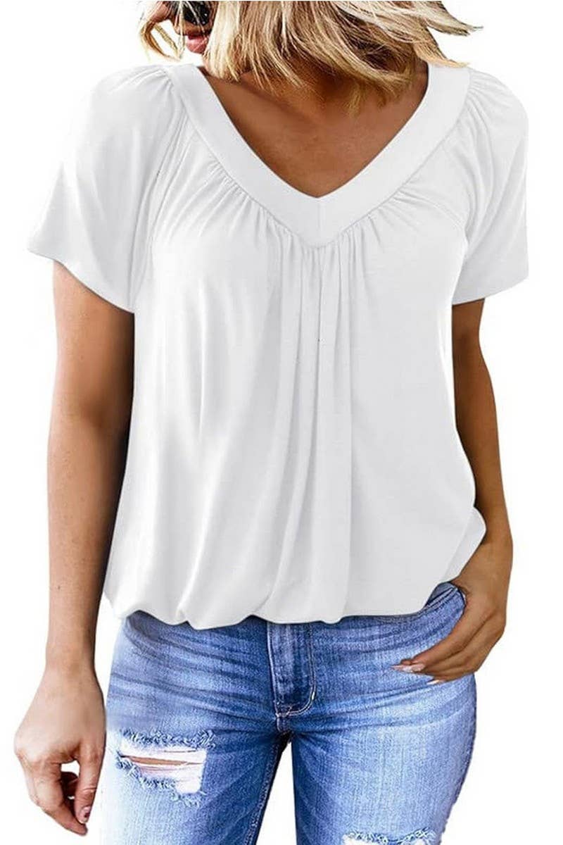 CWTBLS2255_V-NECK RUCHED LOOSE FIT COTTON T-SHIRT
