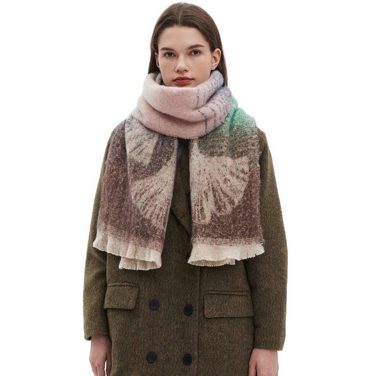 Ginkgo Jacquard Scarf ? Loop Yarn Fringe Winter