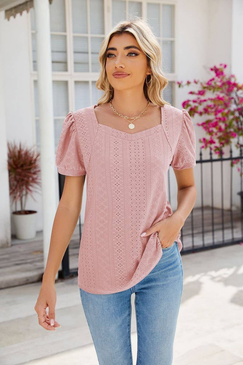 CWTTS0826_Sweetheart Neck Short Sleeve Knit Top