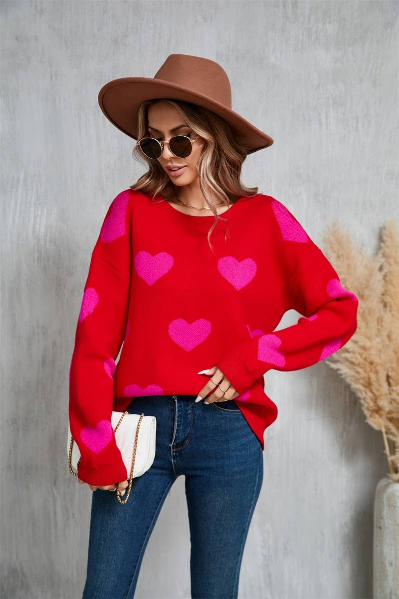 CWOSWL5780_VALENTINE'S DAY ROUND NECK CONTRAST COLOR SWEATER