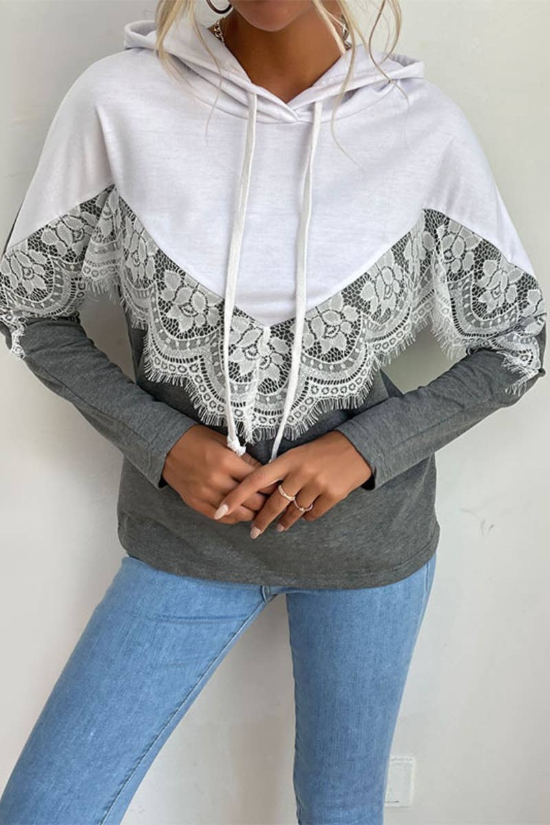 CWOHOL1017_PULLOVER LACE PATCHWORK LONG-SLEEVED HOODIE