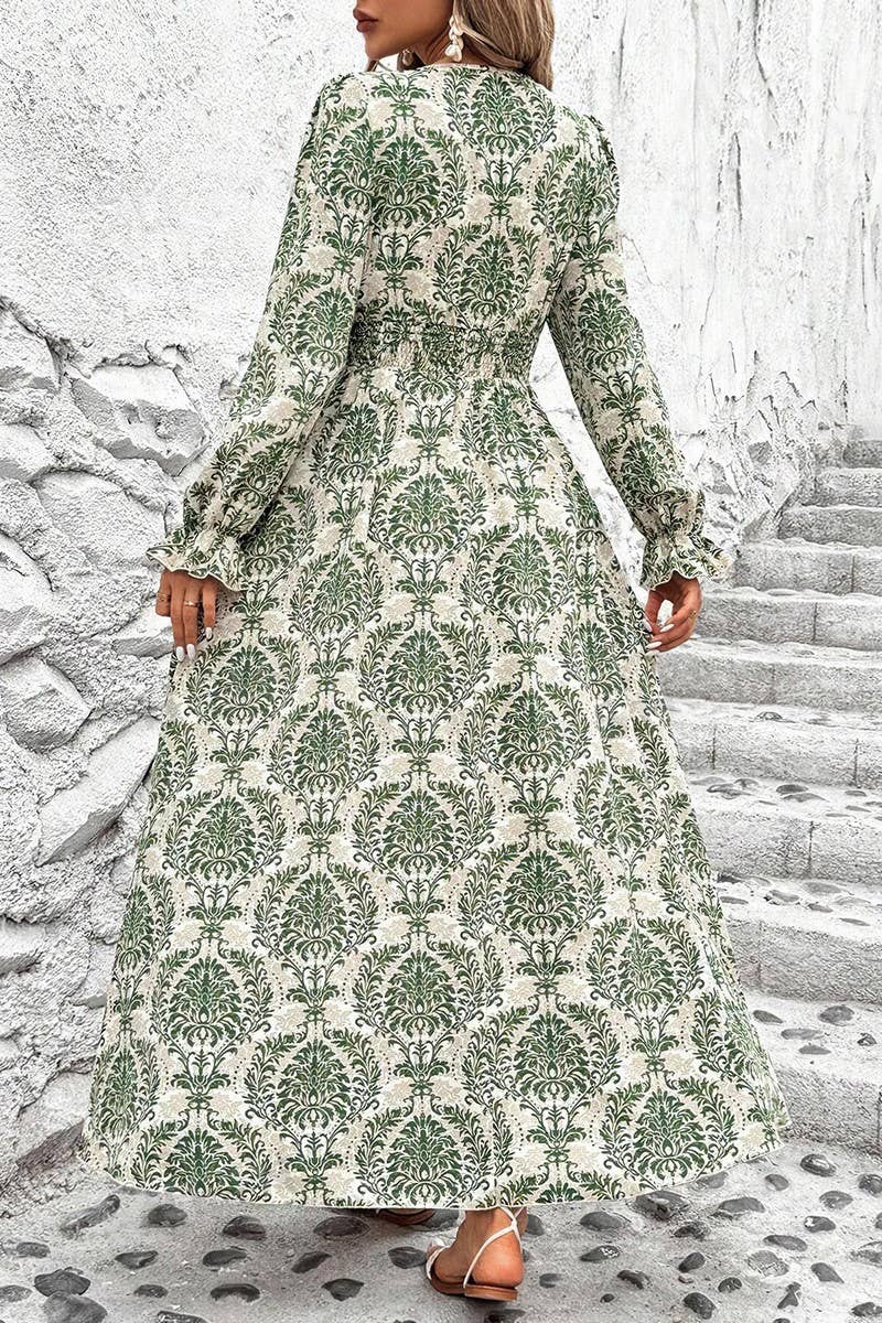 CWDMD4100_PRINTED V-NECK LONG-SLEEVED SWING DRESS