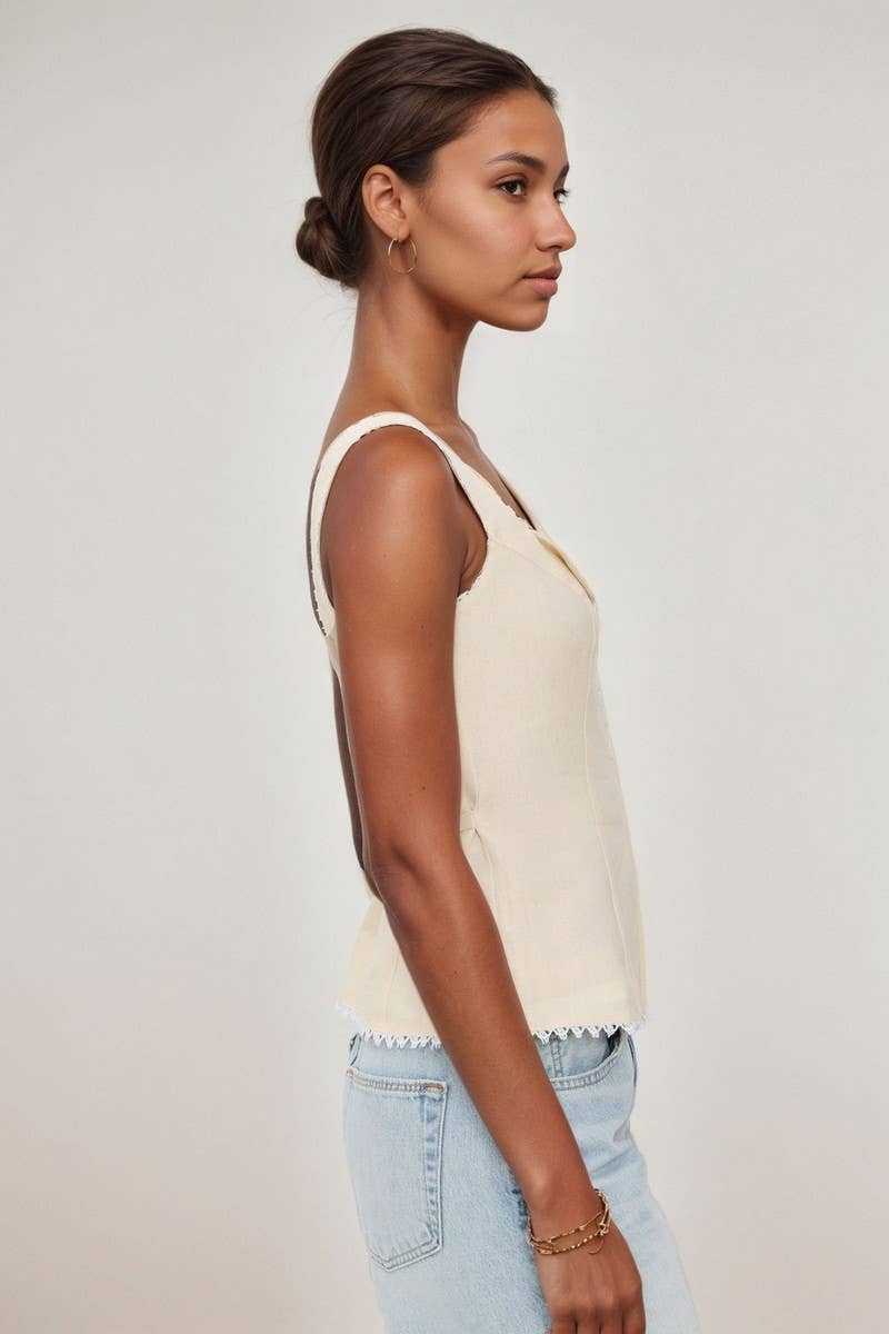 CWTTK1199_LACE TRIM BUTTON FRONT LINEN BLEND CAMI TOP