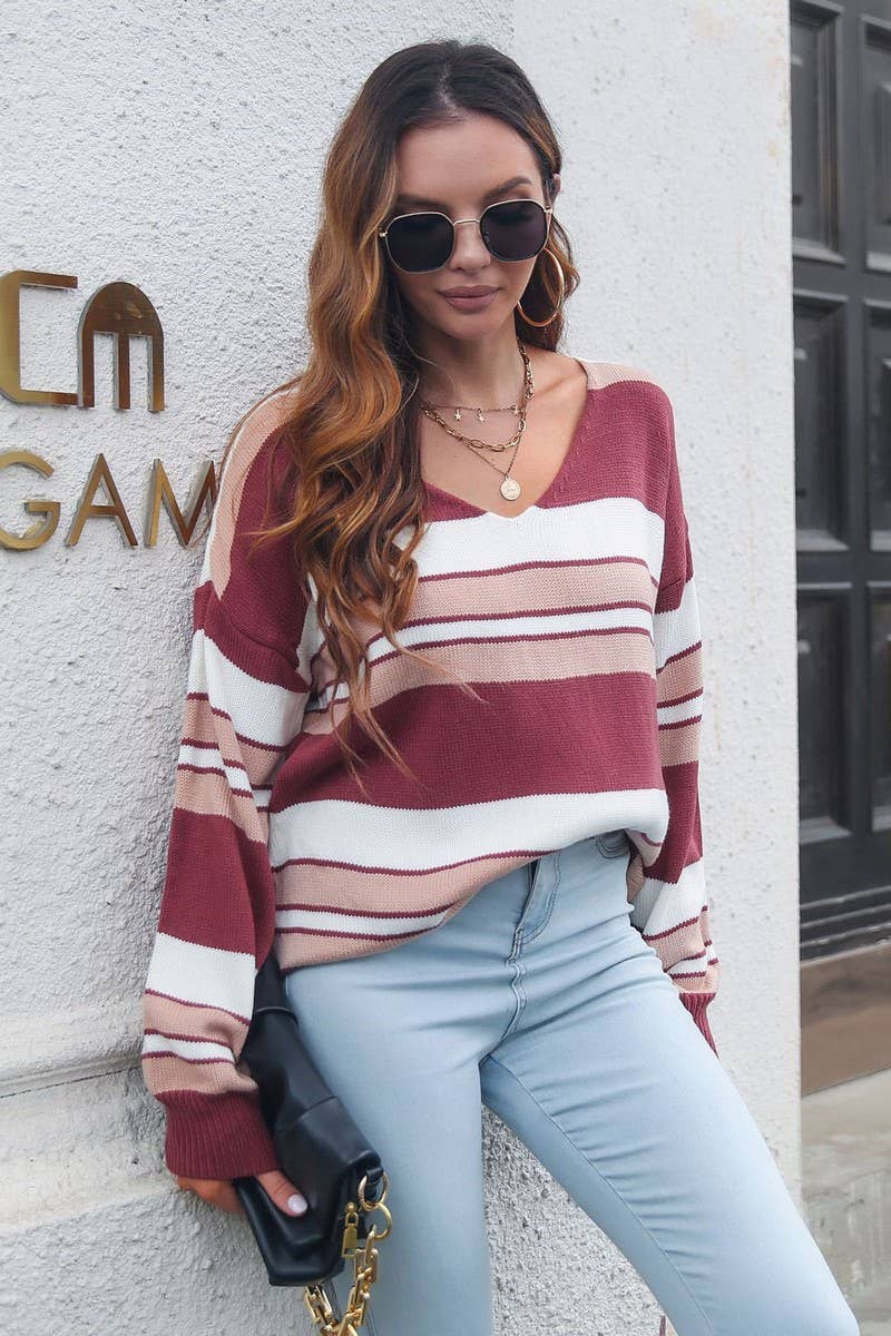 CWOSWL4085_STRIPED GRADIENT V-NECK LONG SLEEVE KNIT SWEATER