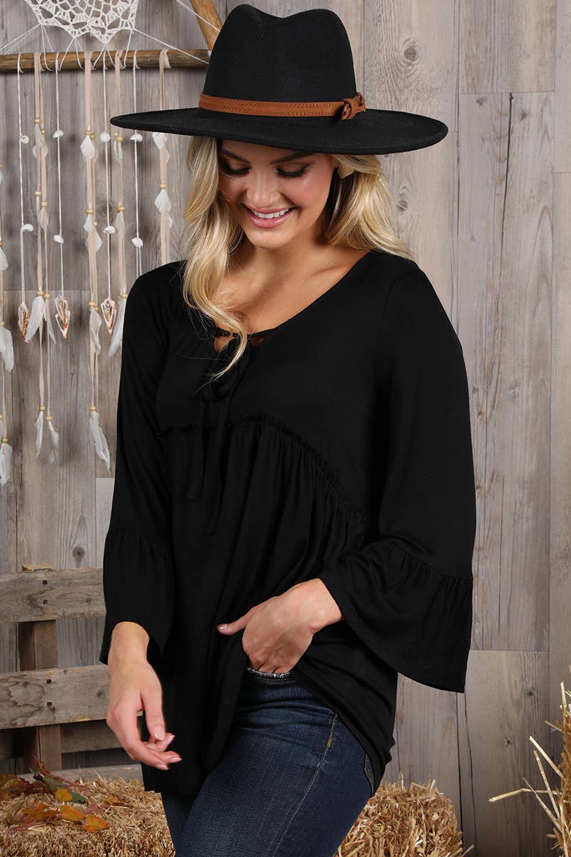 CWTTL1401-P_3/4 SLEEVE WITH NECK STRING DETAILED TOP