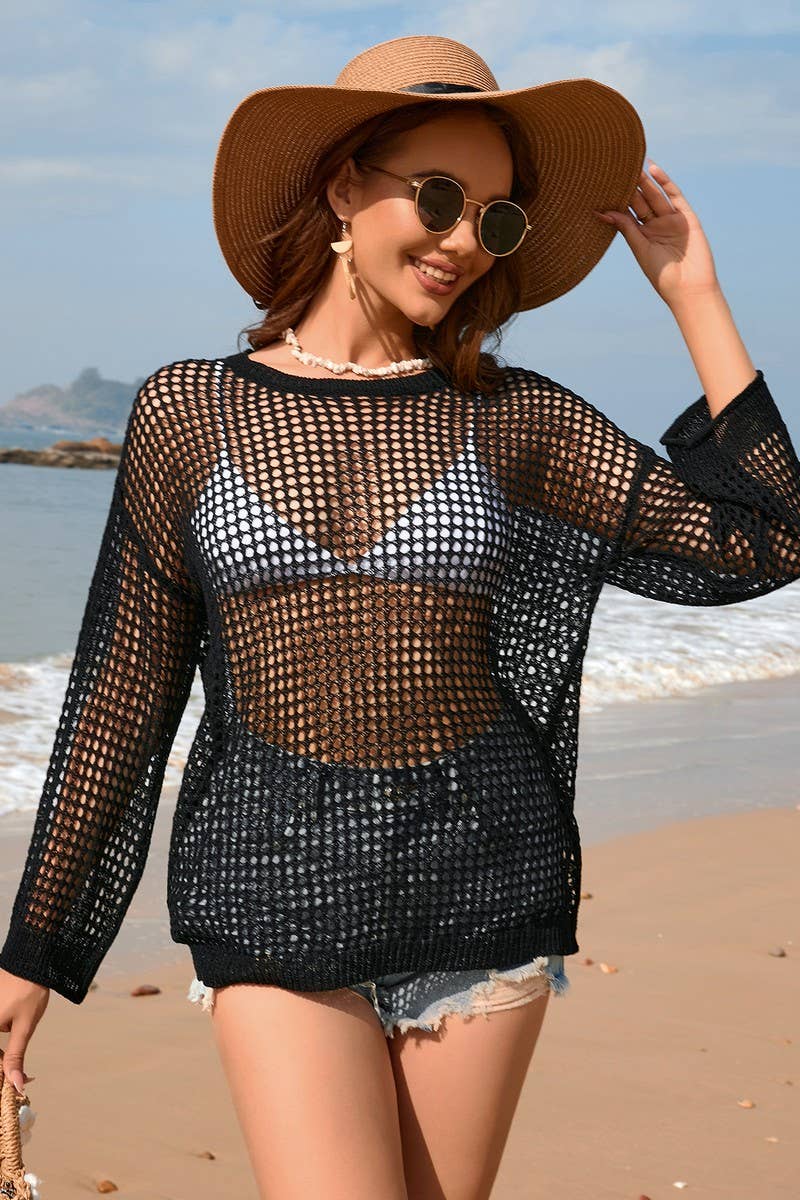 CWOSWL2078_Round Neck Long Sleeve Bikini Cover Ups