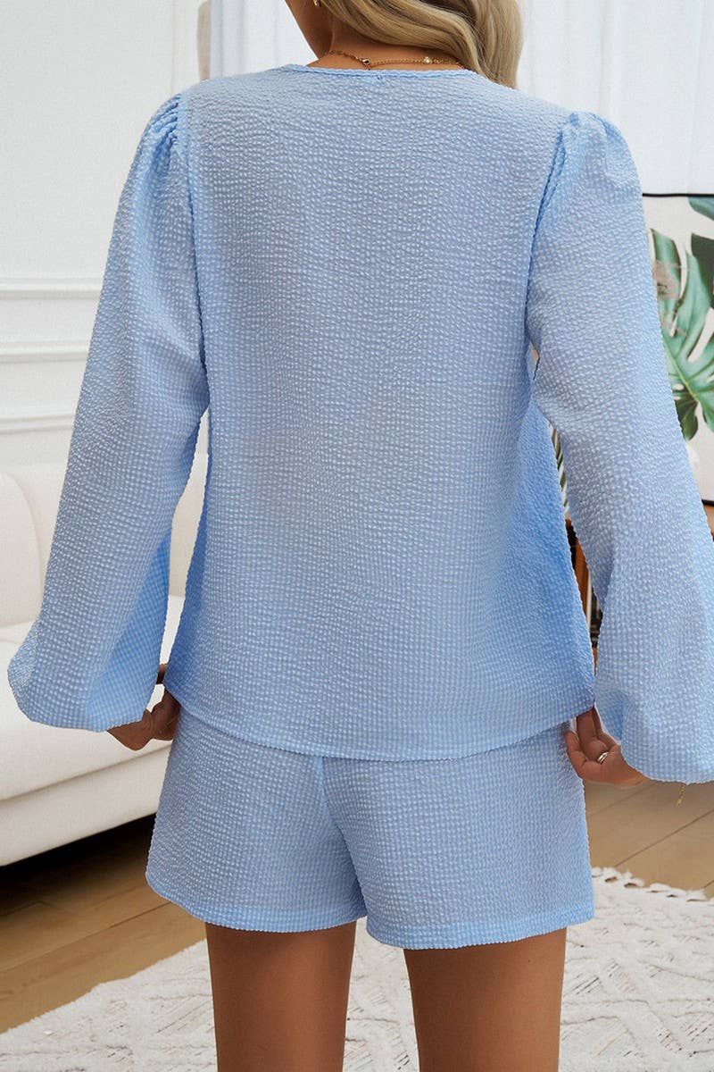 CWSTB0996_PLAID LACE-UP LONG SLEEVE CARDIGAN SHORTS SET