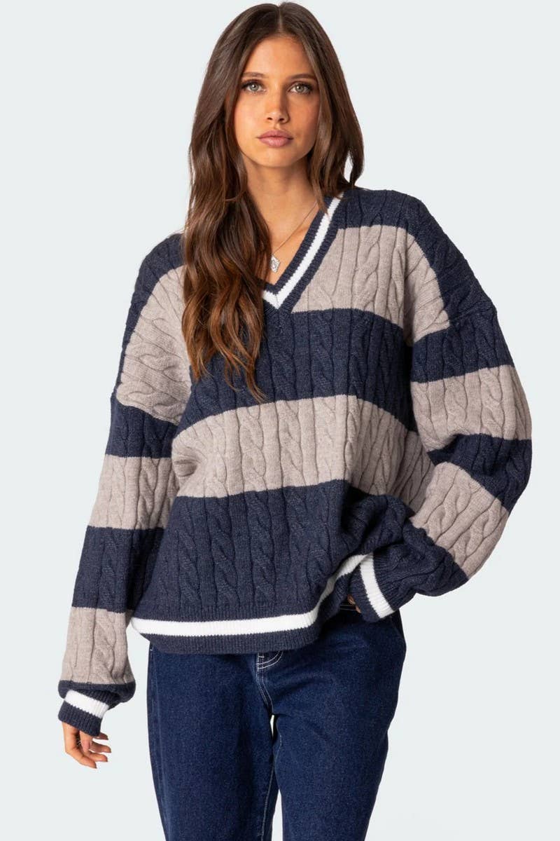 CWOSWL6749_V-NECK STRIPED CONTRAST LOOSE KNIT SWEATER