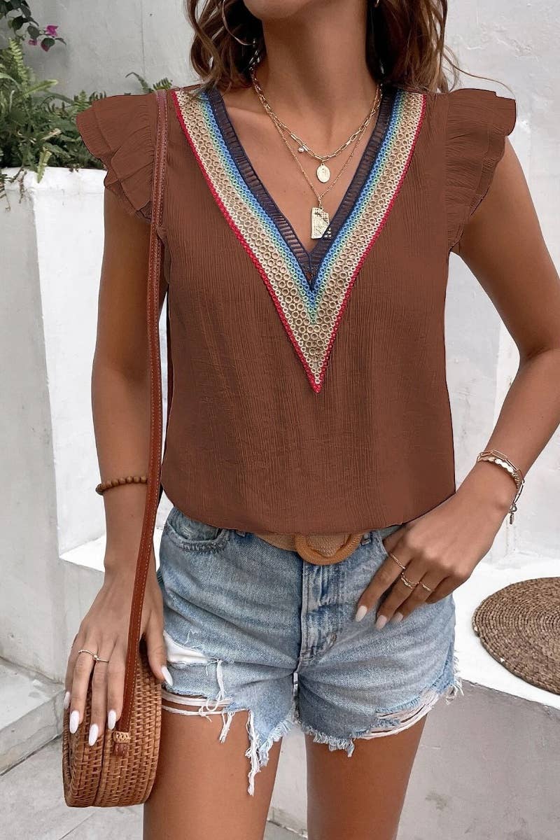 CWTBLSL0245_V-NECK LACE PATCHWORK RUFFLED CASUAL TOP