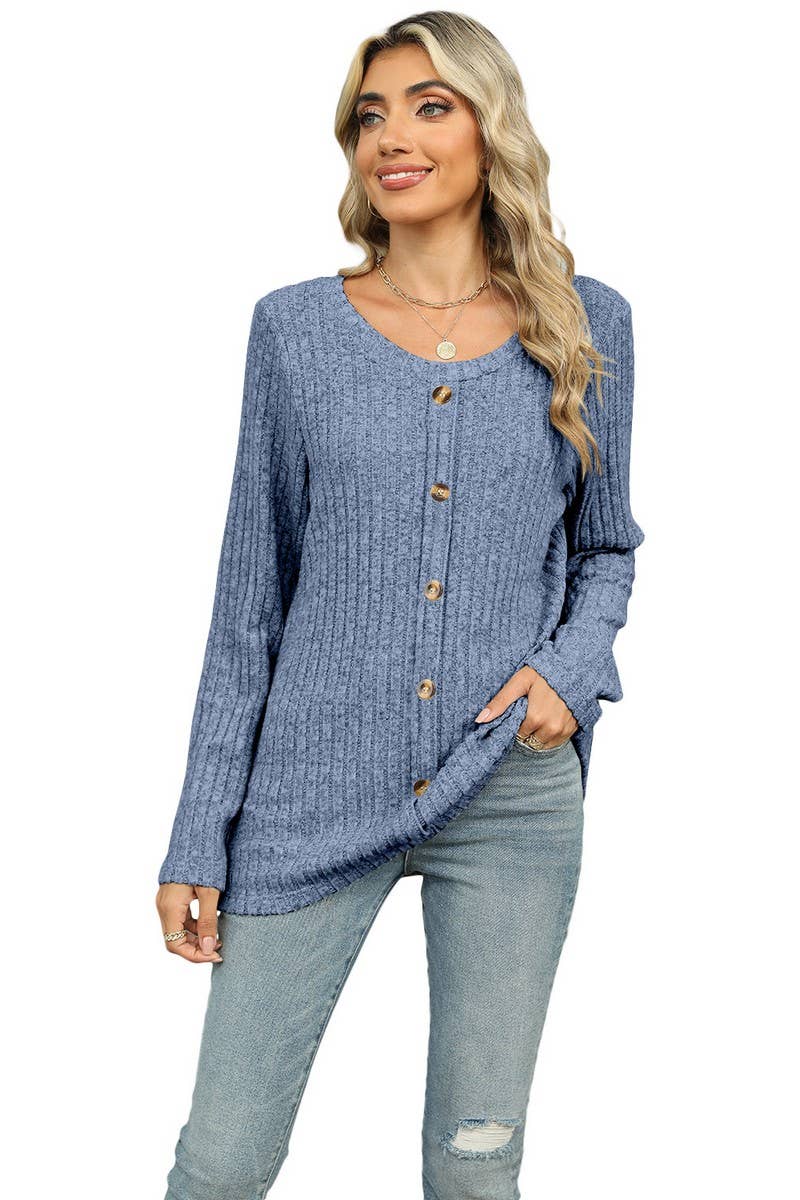 CWOSWL6831_SINGLE-BREASTED ROUND NECK LONG-SLEEVED LOOSE TOP