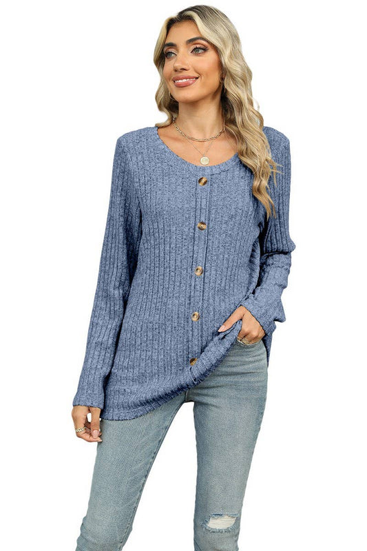 CWOSWL6831_SINGLE-BREASTED ROUND NECK LONG-SLEEVED LOOSE TOP