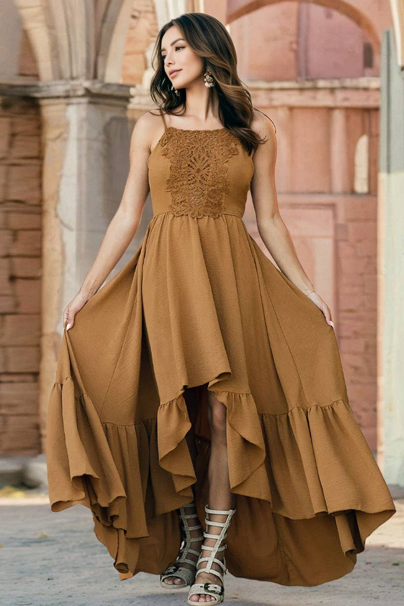 CWDMD6183_LACE TRIM ASYMMETRICAL A-LINE CAMI DRESS