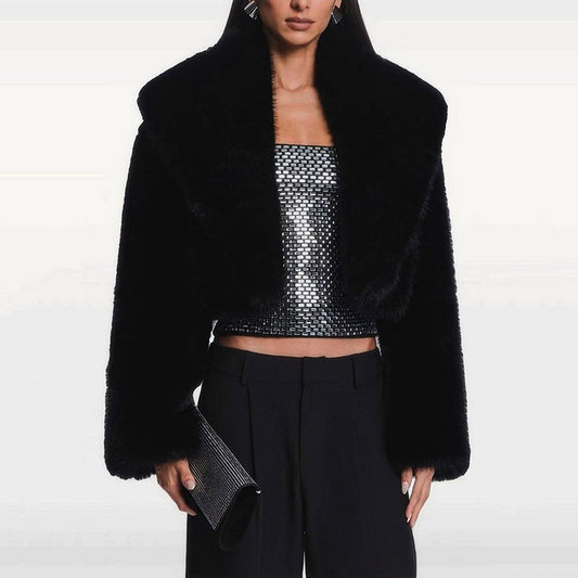 Women??¢s Short Faux Fur Jacket Long Sleeve Chic_CWMM9130