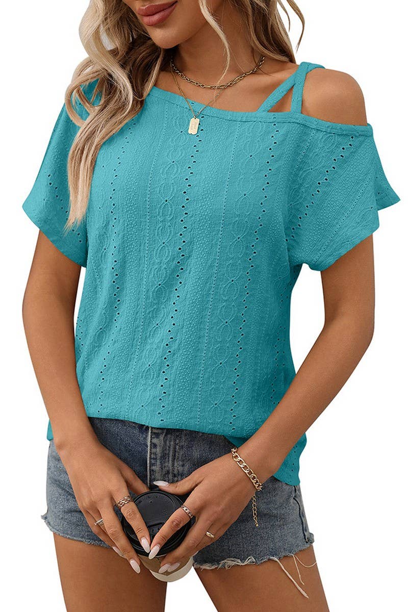 CWTBLS1717_SOLID COLOR ONE SHOULDER HOLLOW SHORT SLEEVE TOP