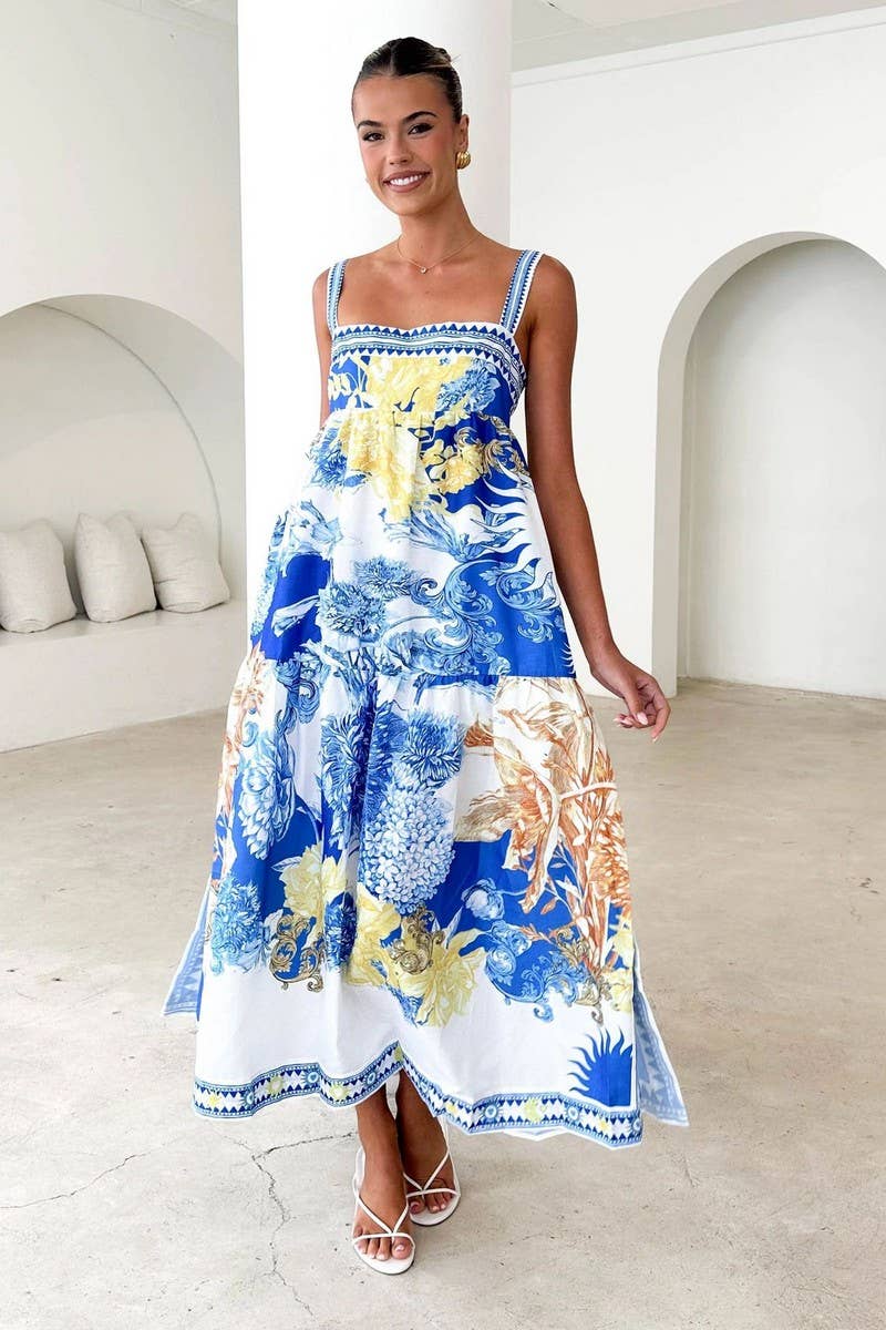 CWDHL1018_SUMMER SLIT TEMPERAMENT BIG SWING SUSPENDER DRESS